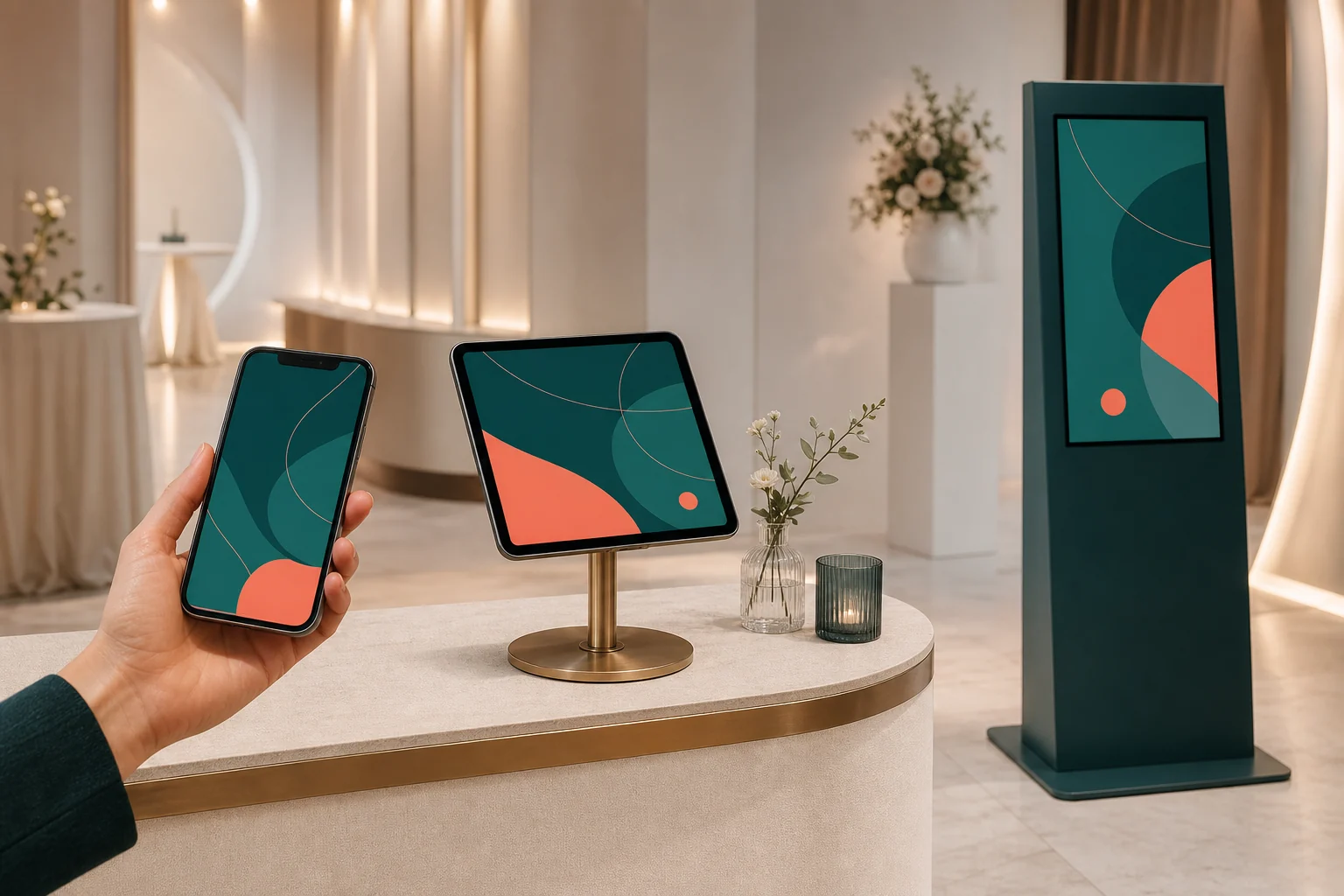 Un smartphone, une tablette d’accueil et un totem digital dans un espace événementiel élégant